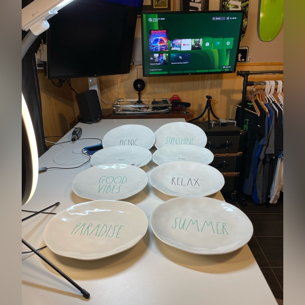 Rae Dunn plates set of 8 picnic grill relax good vibes summer sunshine